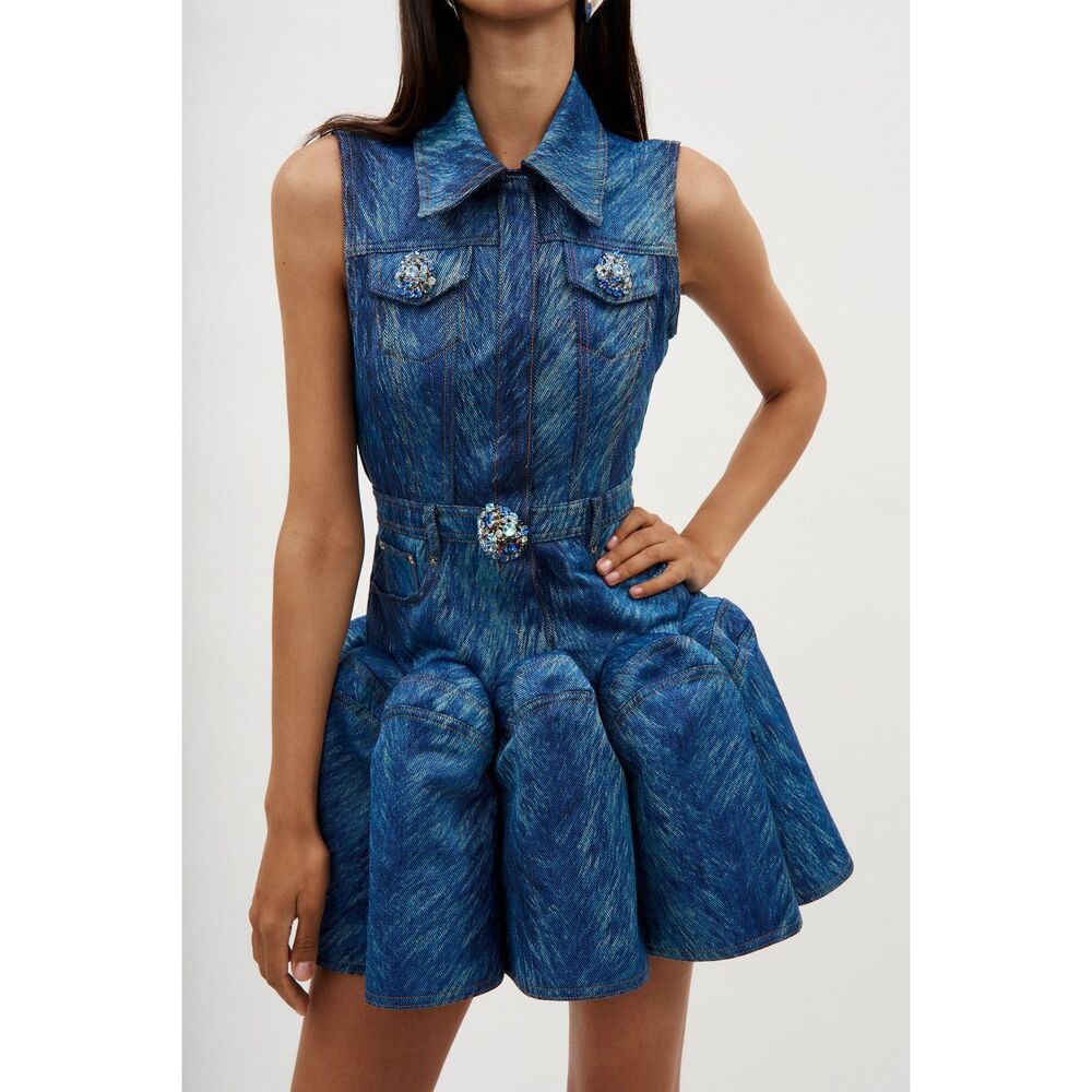 NWT Area Crystal Embellished Fur Print Sleeveless Godet Mini Dress Indigo Size 6